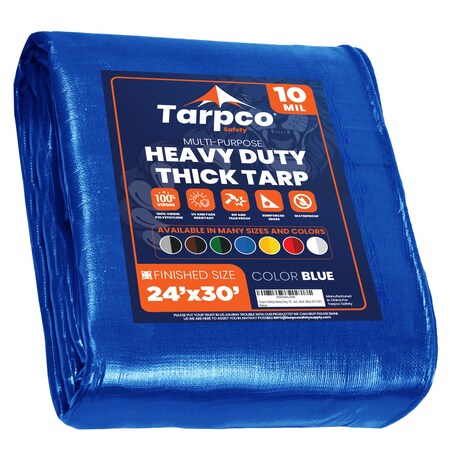 Tarpco Safety Heavy Duty Tarp, 30 ft x 0.5 mm H x 24 ft W, 10 Mil, Blue, Polyethylene TS-155-24X30